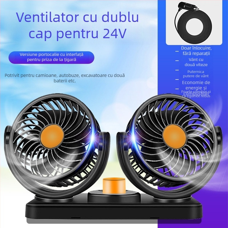 Ventilator auto, 12V/24V/USB, cu două capete, 10W, Model DCFAN