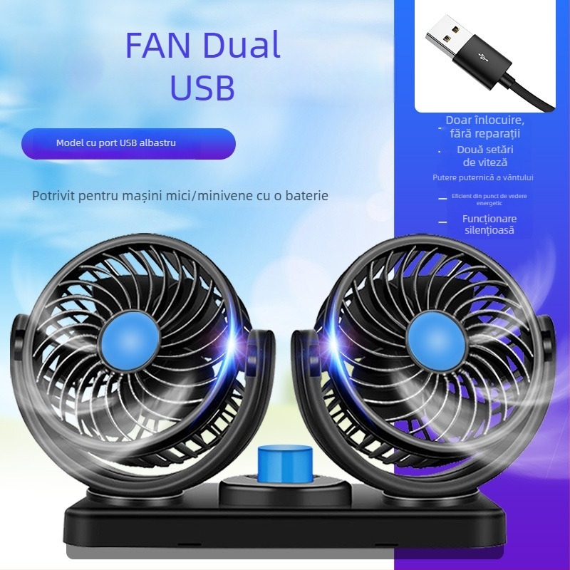 Ventilator auto, 12V/24V/USB, cu două capete, 10W, Model DCFAN