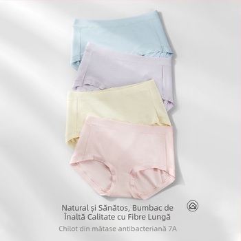 Chiloți din bumbac pentru femei - respirabili, antibacterieni, susținere a abdomenului; talie medie, tricotat; căptușeală în zona crăpă 80–90% fibră regenerată de celuloză; 90–95% bumbac
