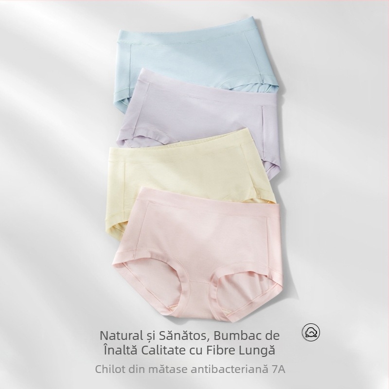 Chiloți din bumbac pentru femei - respirabili, antibacterieni, susținere a abdomenului; talie medie, tricotat; căptușeală în zona crăpă 80–90% fibră regenerată de celuloză; 90–95% bumbac