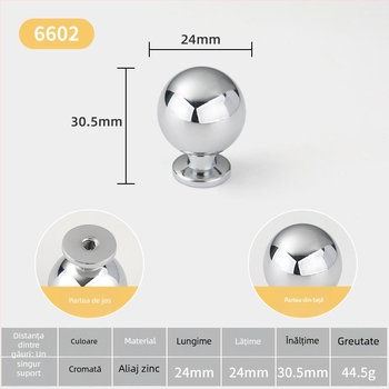 Mâner pentru ușa de dulap — sferic, din aliaj de zinc, stil minimalist italian, montare pe suprafață, model cu o singură gaură