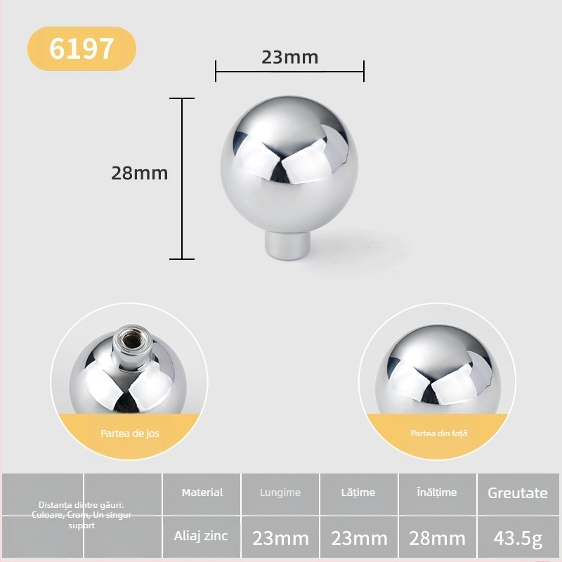 Mâner pentru ușa de dulap — sferic, din aliaj de zinc, stil minimalist italian, montare pe suprafață, model cu o singură gaură