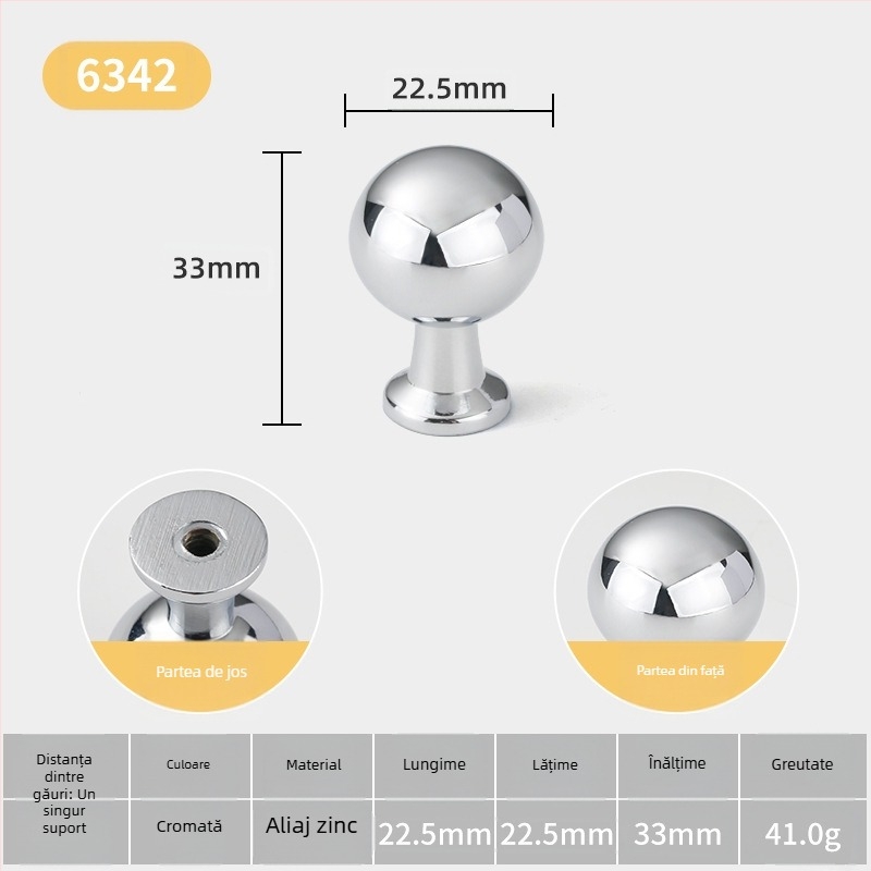 Mâner pentru ușa de dulap — sferic, din aliaj de zinc, stil minimalist italian, montare pe suprafață, model cu o singură gaură