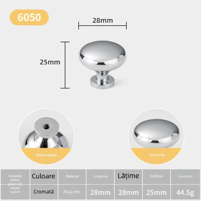 Mâner pentru ușa de dulap — sferic, din aliaj de zinc, stil minimalist italian, montare pe suprafață, model cu o singură gaură