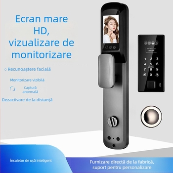 Încuietoare de ușă biometrică inteligentă cu recunoaștere facială și amprentă, impermeabilă, deblocare de la distanță, stocare amprente 100, >100000 de deblocări, timp de scanare <0.5 s, rată de recunoaștere falsă <0.001%, alimentare DC