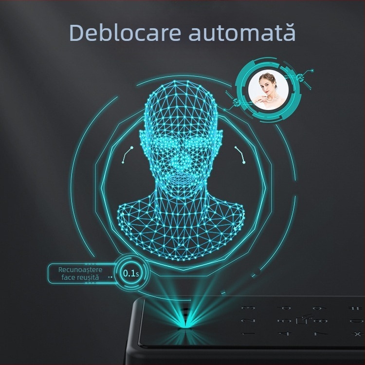 Încuietoare de ușă biometrică inteligentă cu recunoaștere facială și amprentă, impermeabilă, deblocare de la distanță, stocare amprente 100, >100000 de deblocări, timp de scanare <0.5 s, rată de recunoaștere falsă <0.001%, alimentare DC