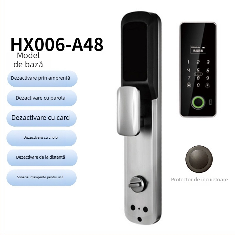 Încuietoare de ușă biometrică inteligentă cu recunoaștere facială și amprentă, impermeabilă, deblocare de la distanță, stocare amprente 100, >100000 de deblocări, timp de scanare <0.5 s, rată de recunoaștere falsă <0.001%, alimentare DC