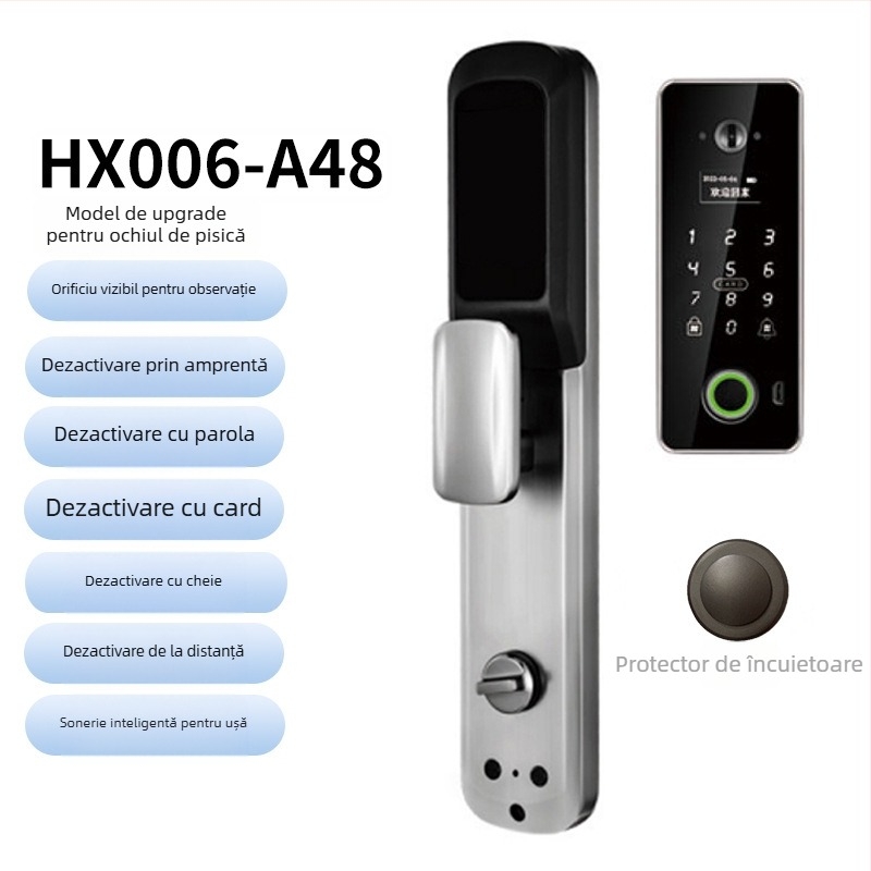 Încuietoare de ușă biometrică inteligentă cu recunoaștere facială și amprentă, impermeabilă, deblocare de la distanță, stocare amprente 100, >100000 de deblocări, timp de scanare <0.5 s, rată de recunoaștere falsă <0.001%, alimentare DC
