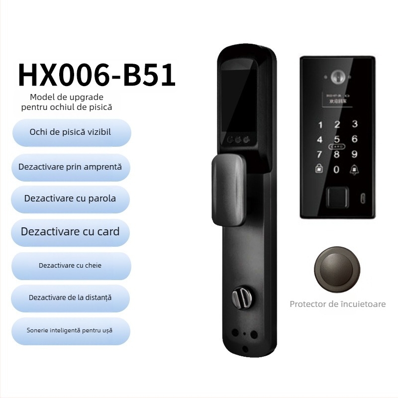 Încuietoare de ușă biometrică inteligentă cu recunoaștere facială și amprentă, impermeabilă, deblocare de la distanță, stocare amprente 100, >100000 de deblocări, timp de scanare <0.5 s, rată de recunoaștere falsă <0.001%, alimentare DC