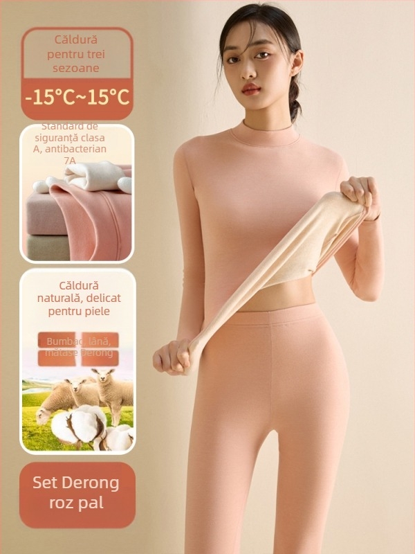 Set de lenjerie termică pentru femei din fibră de poliester, guler semi-turtleneck, strat dublu, țesătură groasă 251-300 g/m², căptușeală velur
