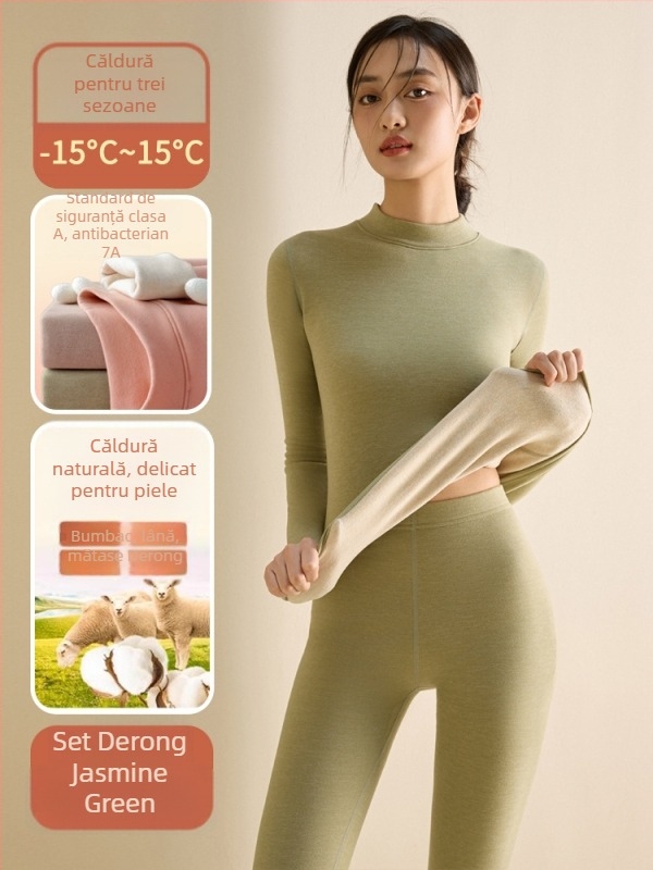 Set de lenjerie termică pentru femei din fibră de poliester, guler semi-turtleneck, strat dublu, țesătură groasă 251-300 g/m², căptușeală velur