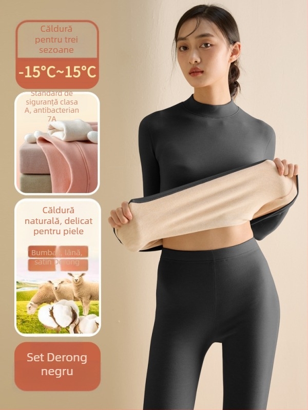 Set de lenjerie termică pentru femei din fibră de poliester, guler semi-turtleneck, strat dublu, țesătură groasă 251-300 g/m², căptușeală velur