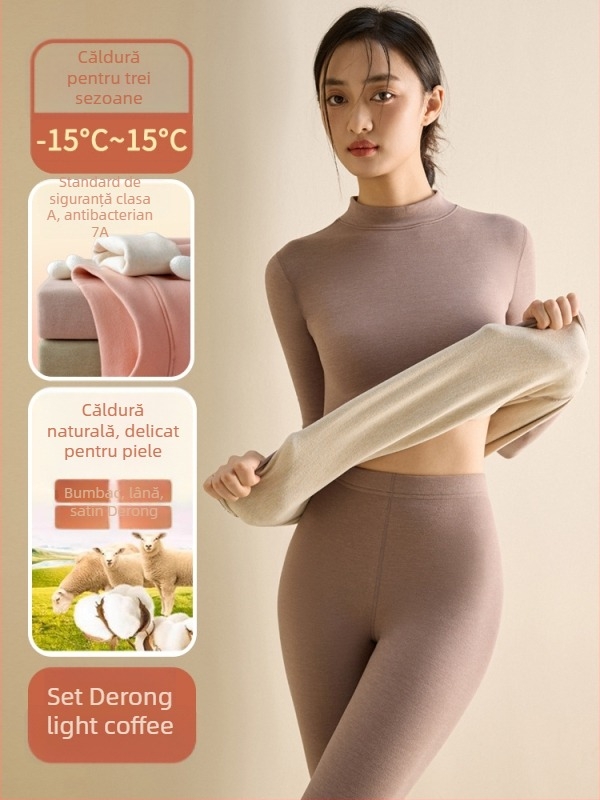 Set de lenjerie termică pentru femei din fibră de poliester, guler semi-turtleneck, strat dublu, țesătură groasă 251-300 g/m², căptușeală velur