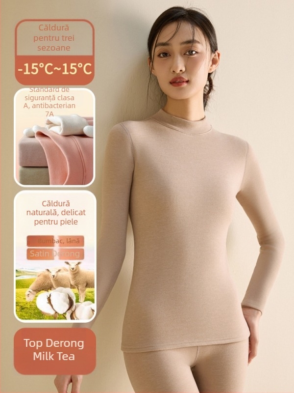 Set de lenjerie termică pentru femei din fibră de poliester, guler semi-turtleneck, strat dublu, țesătură groasă 251-300 g/m², căptușeală velur