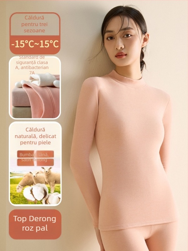 Set de lenjerie termică pentru femei din fibră de poliester, guler semi-turtleneck, strat dublu, țesătură groasă 251-300 g/m², căptușeală velur