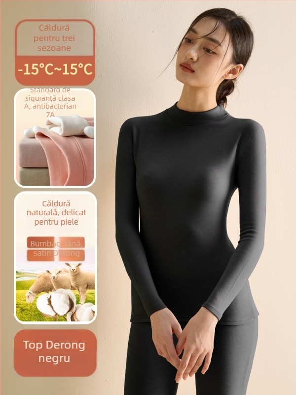 Set de lenjerie termică pentru femei din fibră de poliester, guler semi-turtleneck, strat dublu, țesătură groasă 251-300 g/m², căptușeală velur