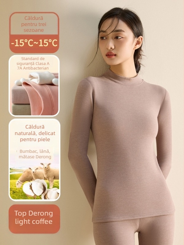 Set de lenjerie termică pentru femei din fibră de poliester, guler semi-turtleneck, strat dublu, țesătură groasă 251-300 g/m², căptușeală velur