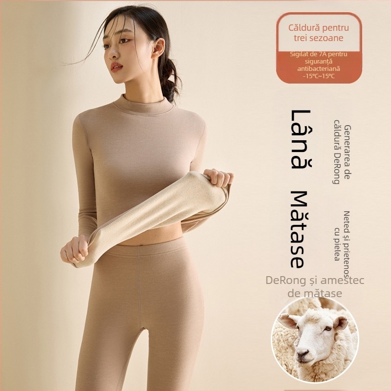 Set de lenjerie termică pentru femei din fibră de poliester, guler semi-turtleneck, strat dublu, țesătură groasă 251-300 g/m², căptușeală velur