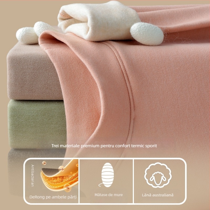 Set de lenjerie termică pentru femei din fibră de poliester, guler semi-turtleneck, strat dublu, țesătură groasă 251-300 g/m², căptușeală velur