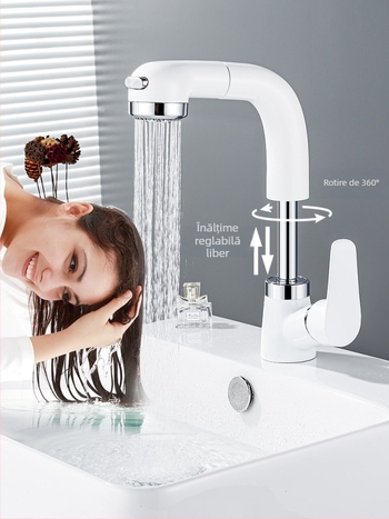 Robinet de chiuvetă din cupru, extensibil, model JY-8057, rotativ, cartuș ceramic, montaj vertical