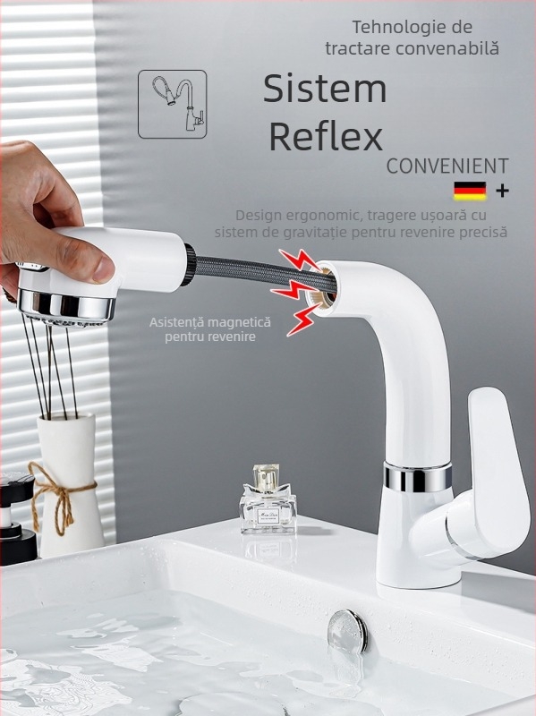 Robinet de chiuvetă din cupru, extensibil, model JY-8057, rotativ, cartuș ceramic, montaj vertical