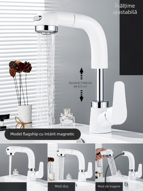 Robinet de chiuvetă din cupru, extensibil, model JY-8057, rotativ, cartuș ceramic, montaj vertical