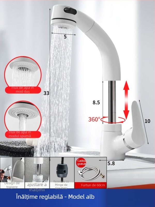 Robinet de chiuvetă din cupru, extensibil, model JY-8057, rotativ, cartuș ceramic, montaj vertical