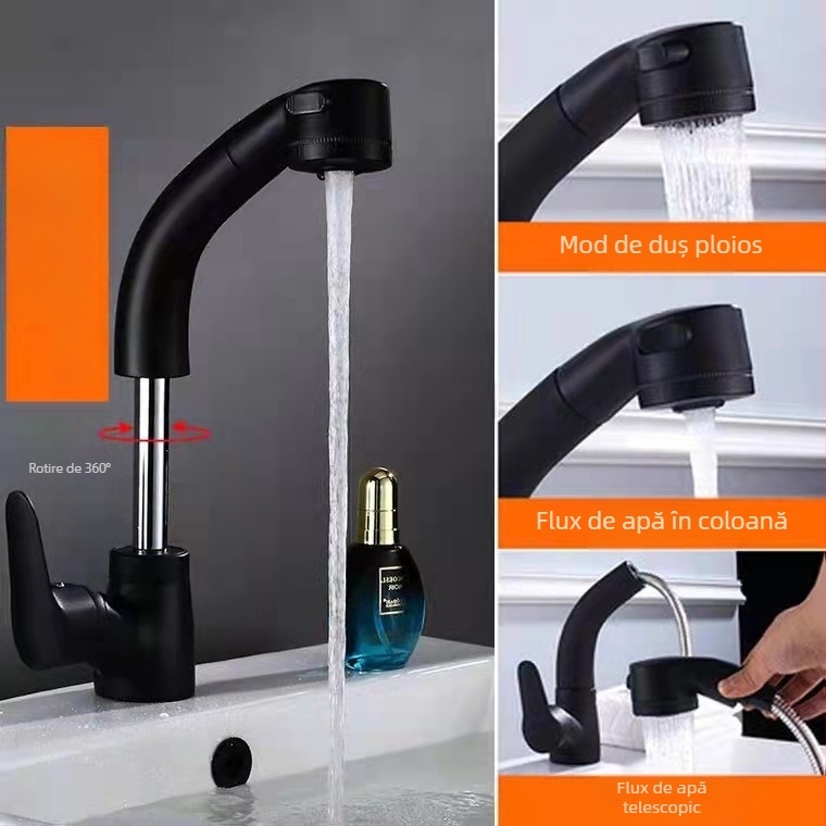 Robinet de chiuvetă din cupru, extensibil, model JY-8057, rotativ, cartuș ceramic, montaj vertical