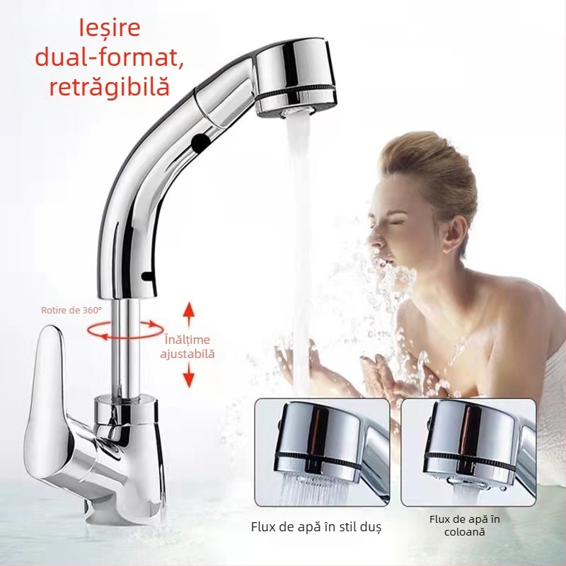 Robinet de chiuvetă din cupru, extensibil, model JY-8057, rotativ, cartuș ceramic, montaj vertical