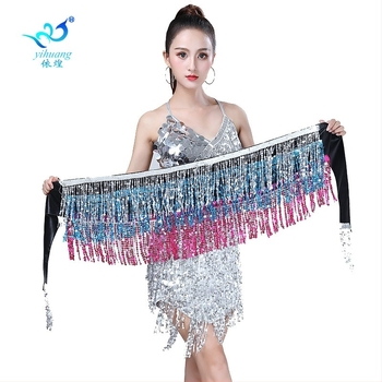 Costum de scenă pentru dansul belly cu lanț talie cu ciucuri, fustă cu paiete și eșarfă pentru braț - material bronzat poliester-spandex, 95% poliester, Primăvara 2024, pentru femei