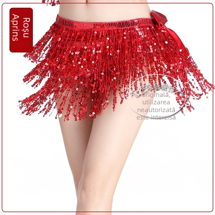 Costum de scenă pentru dansul belly cu lanț talie cu ciucuri, fustă cu paiete și eșarfă pentru braț - material bronzat poliester-spandex, 95% poliester, Primăvara 2024, pentru femei