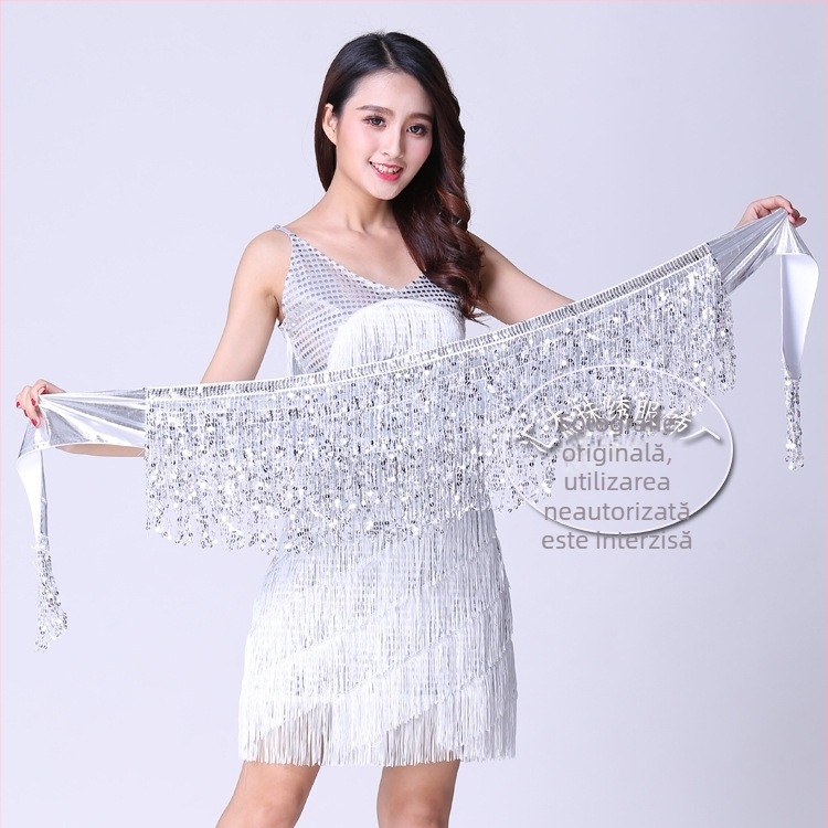 Costum de scenă pentru dansul belly cu lanț talie cu ciucuri, fustă cu paiete și eșarfă pentru braț - material bronzat poliester-spandex, 95% poliester, Primăvara 2024, pentru femei