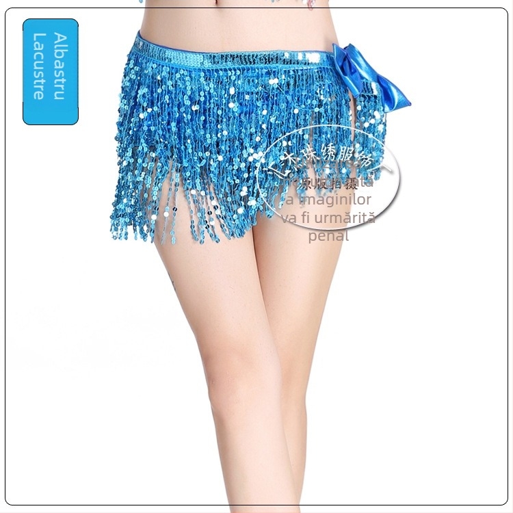 Costum de scenă pentru dansul belly cu lanț talie cu ciucuri, fustă cu paiete și eșarfă pentru braț - material bronzat poliester-spandex, 95% poliester, Primăvara 2024, pentru femei