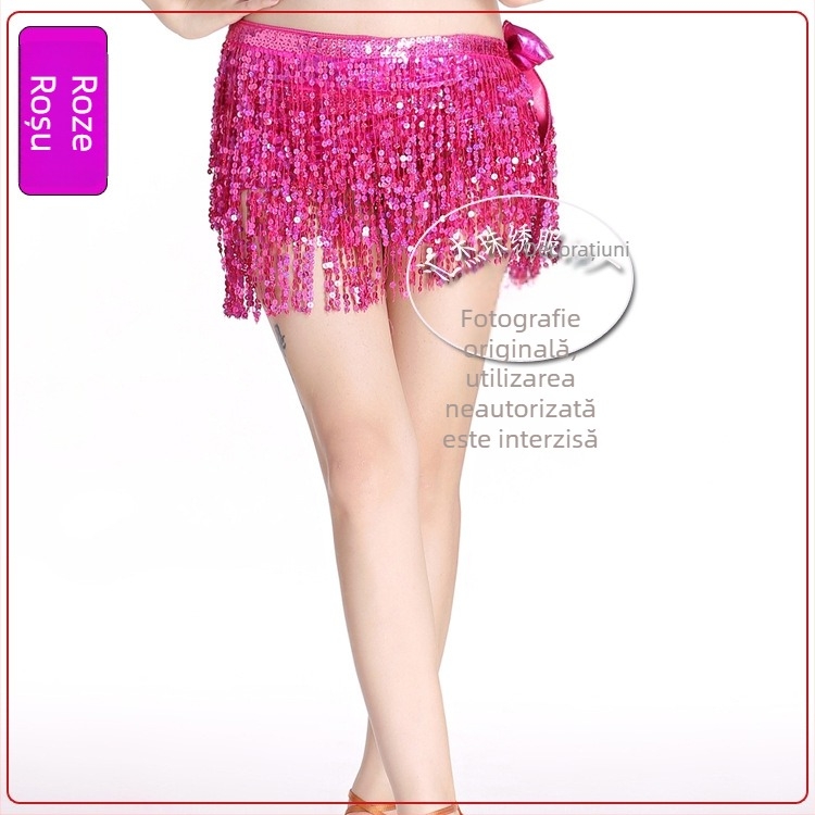 Costum de scenă pentru dansul belly cu lanț talie cu ciucuri, fustă cu paiete și eșarfă pentru braț - material bronzat poliester-spandex, 95% poliester, Primăvara 2024, pentru femei