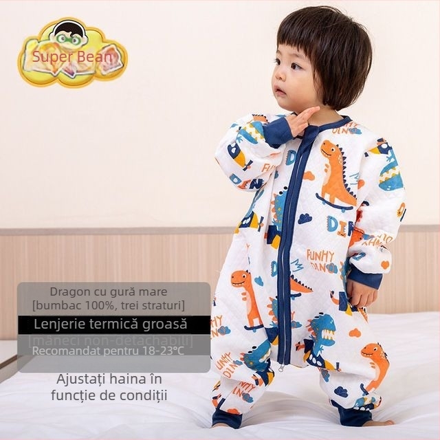 Sac de dormit pentru copii cu picioare separate și cuvertură anti-kick, pentru toate anotimpurile, exterior din bumbac 100%, umplutură poliester