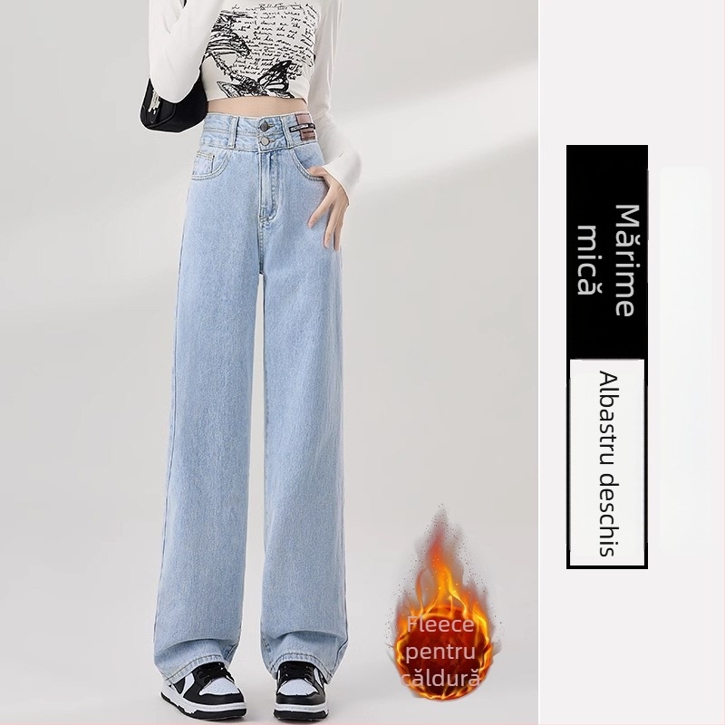 Jeansi de damă cu căptușeală fleece, croială dreaptă, talie înaltă, denim din bumbac, toamnă 2025