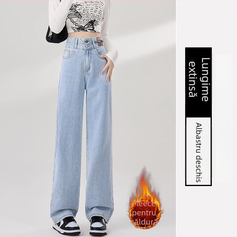 Jeansi de damă cu căptușeală fleece, croială dreaptă, talie înaltă, denim din bumbac, toamnă 2025