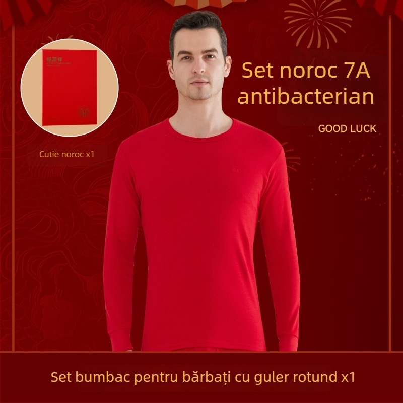 Set termic pentru bărbați din bumbac 100%, antibacterian, trei straturi, grosime extra 501–600 g/m², top cu mânecă lungă și guler simplu, pantaloni incluși