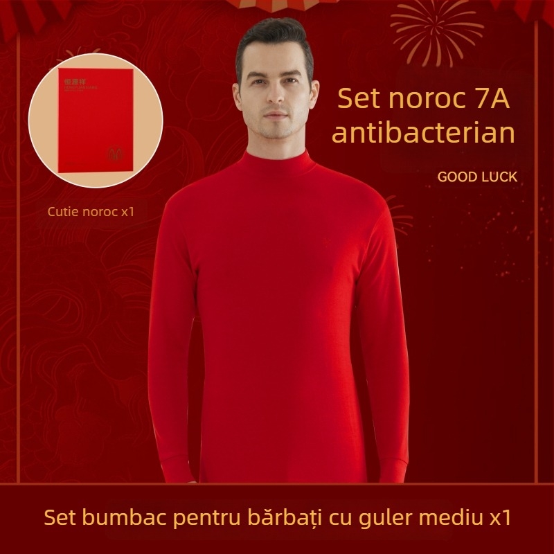 Set termic pentru bărbați din bumbac 100%, antibacterian, trei straturi, grosime extra 501–600 g/m², top cu mânecă lungă și guler simplu, pantaloni incluși
