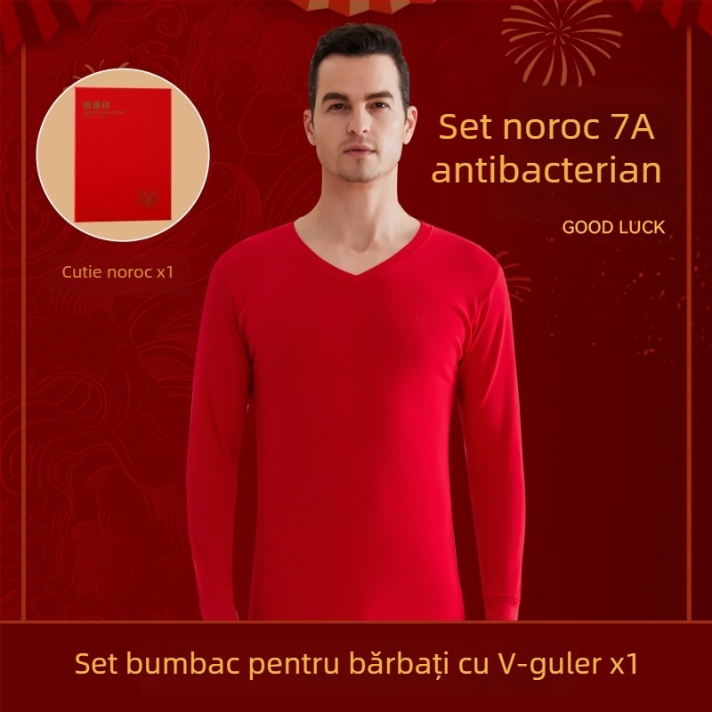 Set termic pentru bărbați din bumbac 100%, antibacterian, trei straturi, grosime extra 501–600 g/m², top cu mânecă lungă și guler simplu, pantaloni incluși