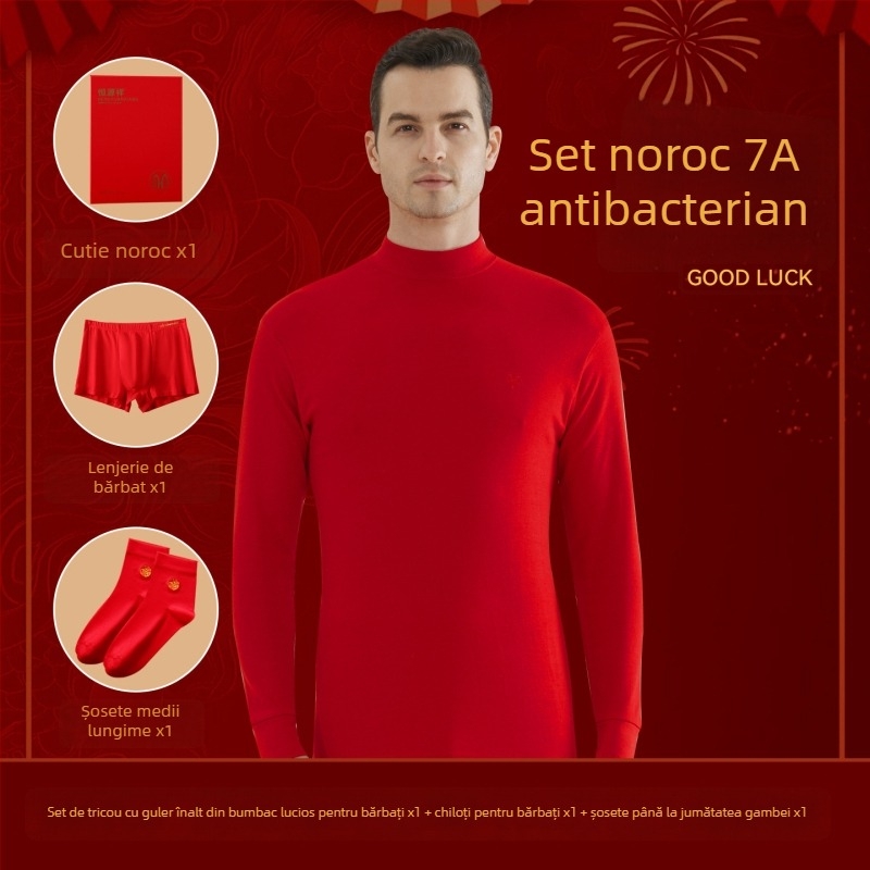 Set termic pentru bărbați din bumbac 100%, antibacterian, trei straturi, grosime extra 501–600 g/m², top cu mânecă lungă și guler simplu, pantaloni incluși