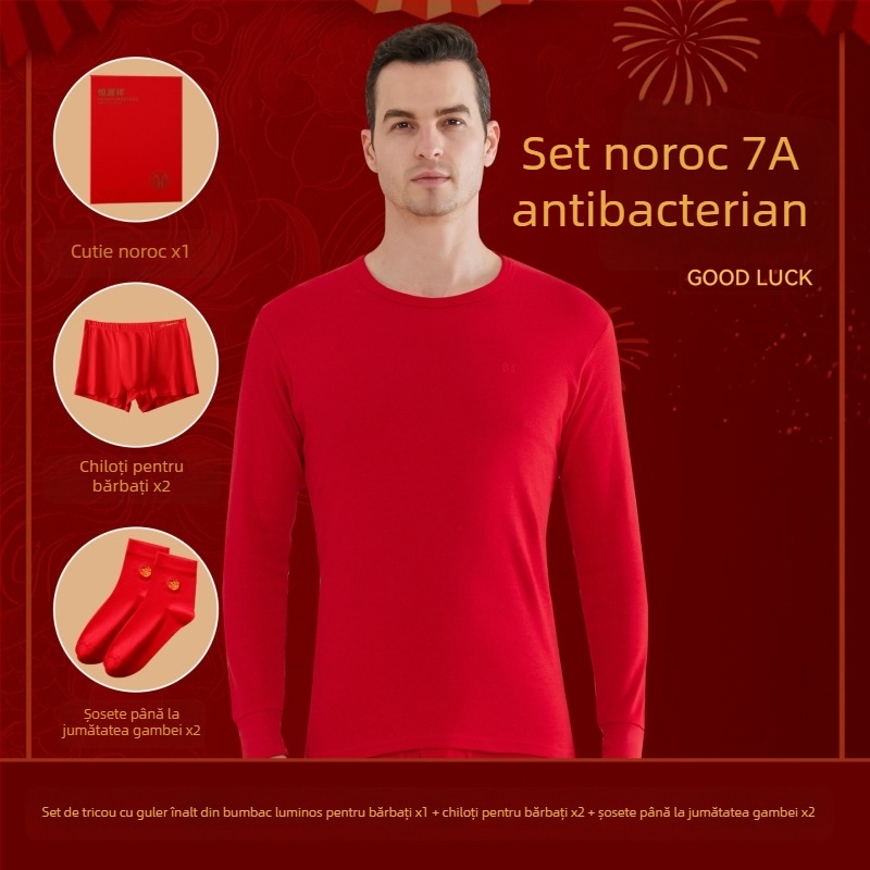 Set termic pentru bărbați din bumbac 100%, antibacterian, trei straturi, grosime extra 501–600 g/m², top cu mânecă lungă și guler simplu, pantaloni incluși