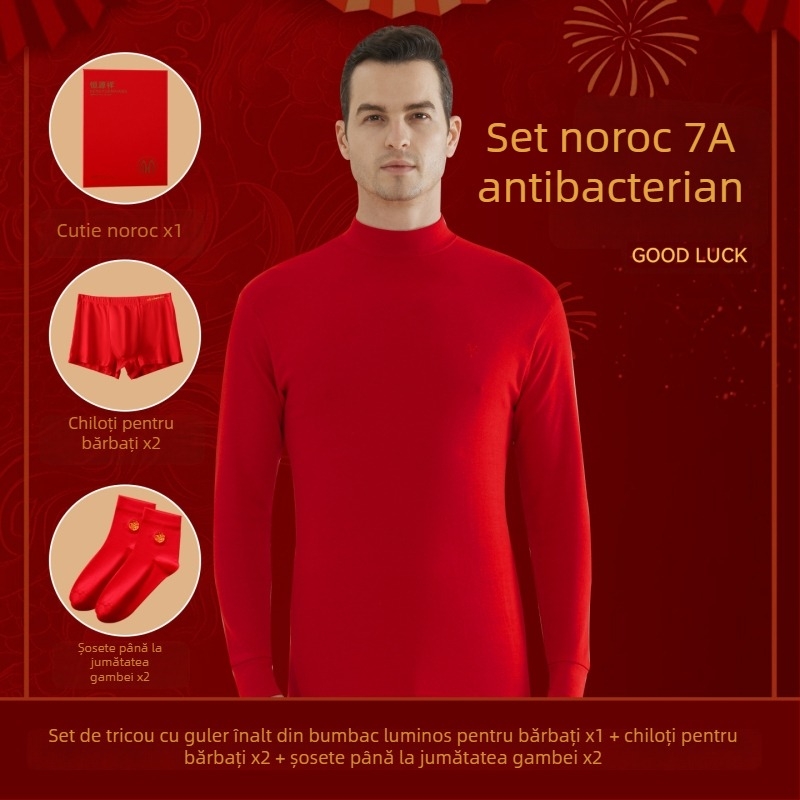 Set termic pentru bărbați din bumbac 100%, antibacterian, trei straturi, grosime extra 501–600 g/m², top cu mânecă lungă și guler simplu, pantaloni incluși