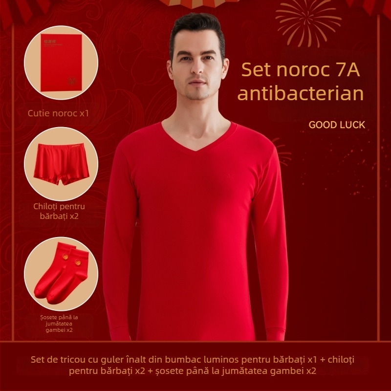 Set termic pentru bărbați din bumbac 100%, antibacterian, trei straturi, grosime extra 501–600 g/m², top cu mânecă lungă și guler simplu, pantaloni incluși