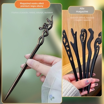 Clema de păr din lemn gravată cu floare de prune, în stil chinezesc (Material: Lemn; Stil: Chinezesc; Procesare: Gravare; Formă: Flori)