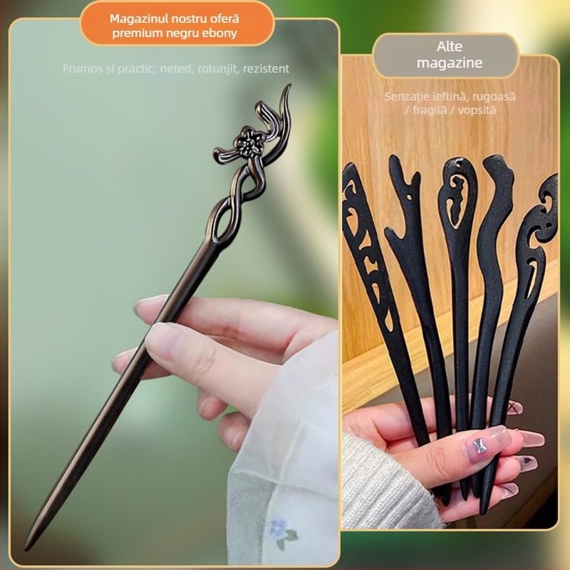 Clema de păr din lemn gravată cu floare de prune, în stil chinezesc (Material: Lemn; Stil: Chinezesc; Procesare: Gravare; Formă: Flori)