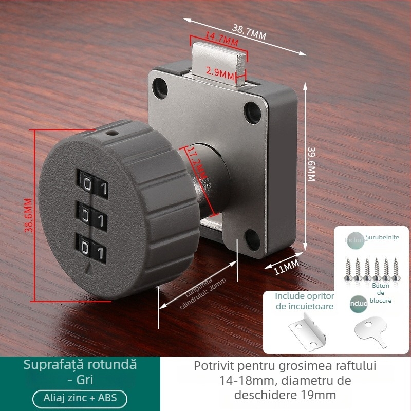 Încuietoare cu parolă pentru sertare și dulapuri — material: aliaj de zinc + ABS; model: încuietoare cu parolă; aplicații: sertare, dulapuri, vestiare, dosare; tip: cifre; deblocare: parolă