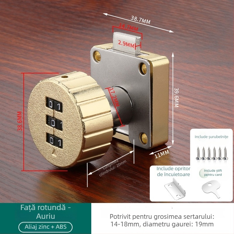 Încuietoare cu parolă pentru sertare și dulapuri — material: aliaj de zinc + ABS; model: încuietoare cu parolă; aplicații: sertare, dulapuri, vestiare, dosare; tip: cifre; deblocare: parolă