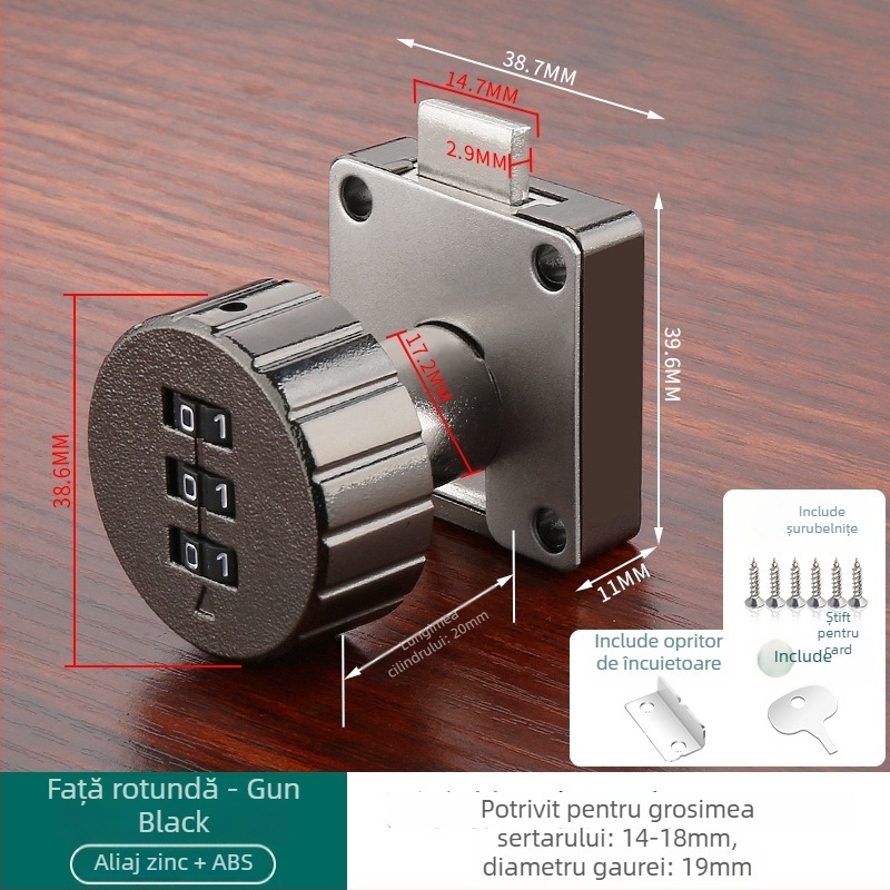 Încuietoare cu parolă pentru sertare și dulapuri — material: aliaj de zinc + ABS; model: încuietoare cu parolă; aplicații: sertare, dulapuri, vestiare, dosare; tip: cifre; deblocare: parolă