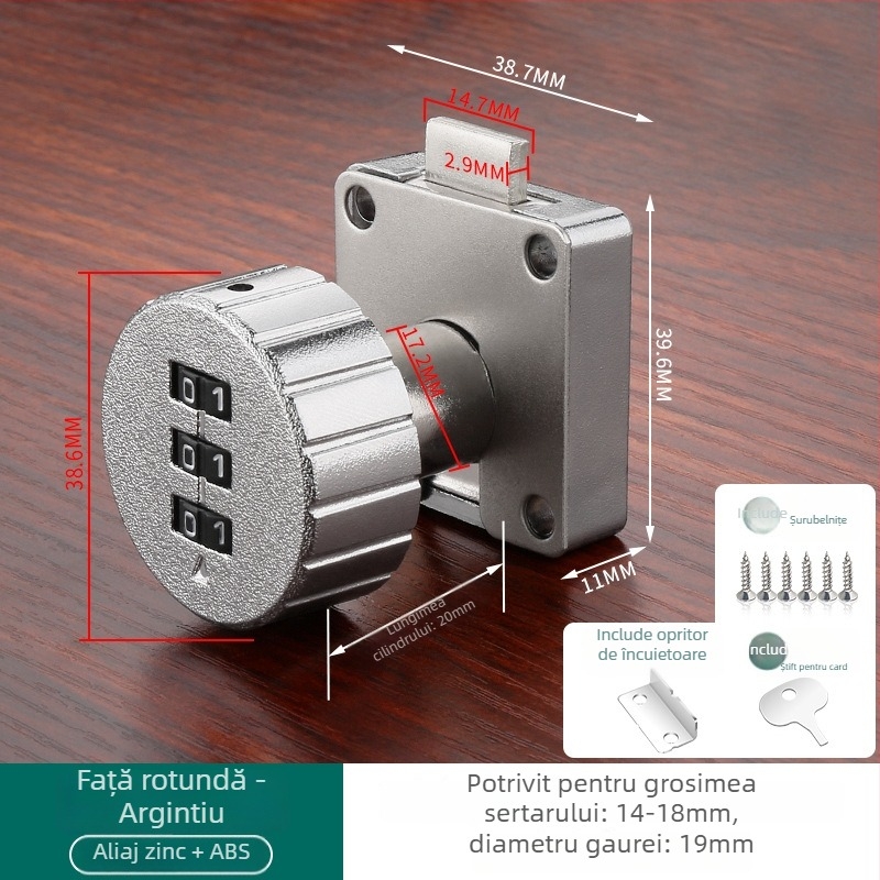 Încuietoare cu parolă pentru sertare și dulapuri — material: aliaj de zinc + ABS; model: încuietoare cu parolă; aplicații: sertare, dulapuri, vestiare, dosare; tip: cifre; deblocare: parolă